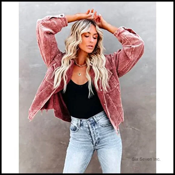 Cropped Corduroy Shacket Oversized Boyfriend Style Fringe Hem Casual Jacket - Picture 2 of 7